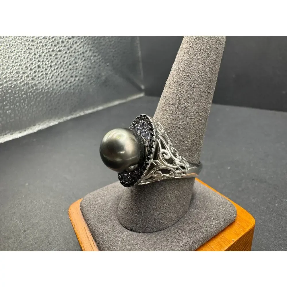 Ornate Black Pearl Ring Sterling Silver 925 Filigree Purple Black Spinel Sz 10.2